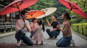 Illustration of families painting traditional Japanese umbrellas at the Texas State Museum of Asian Cultures (AI-generated, non-realistic illustration). Credit: Ideogram.