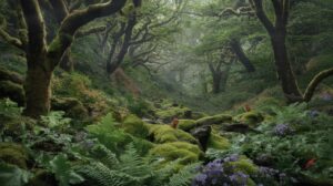 Illustration of the restoration of a temperate rainforest in the Yorkshire Dales, showcasing diverse flora and fauna (AI-generated, non-realistic illustration). Credit: Ideogram.