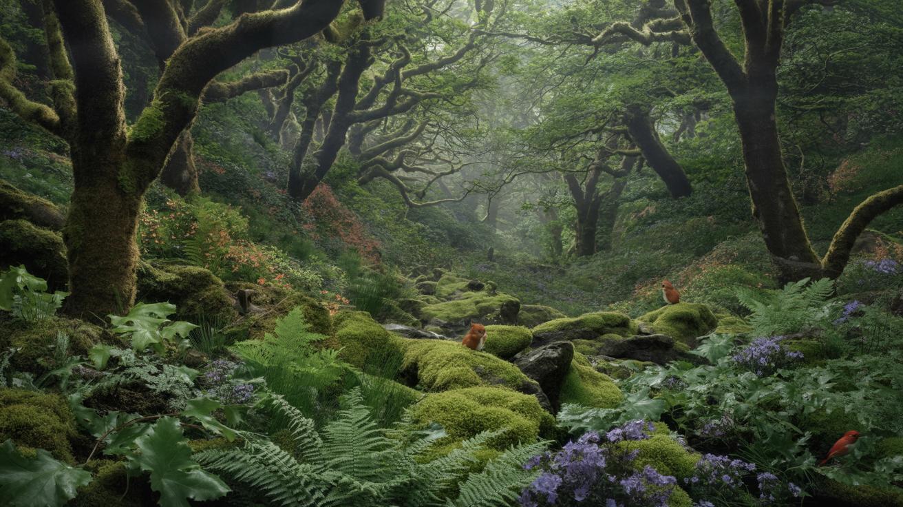 Illustration of the restoration of a temperate rainforest in the Yorkshire Dales, showcasing diverse flora and fauna (AI-generated, non-realistic illustration). Credit: Ideogram.