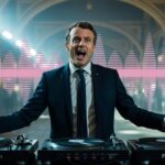 Illustration of French President Emmanuel Macron advocating for the cultural recognition of French touch electronic music (AI-generated, non-realistic illustration). Credit: Ideogram.