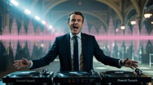 Illustration of French President Emmanuel Macron advocating for the cultural recognition of French touch electronic music (AI-generated, non-realistic illustration). Credit: Ideogram.