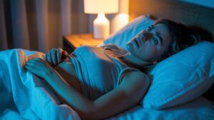 Illustration of nocturnal symptoms associated with Non-Alcoholic Fatty Liver Disease, highlighting sleep disturbances and abdominal discomfort (AI-generated, non-realistic illustration). Credit: Ideogram.