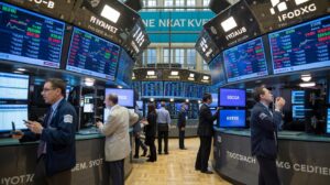 Illustration of stock market traders on the floor of the New York Stock Exchange amid political and economic discussions (AI-generated, non-realistic illustration). Credit: Ideogram.