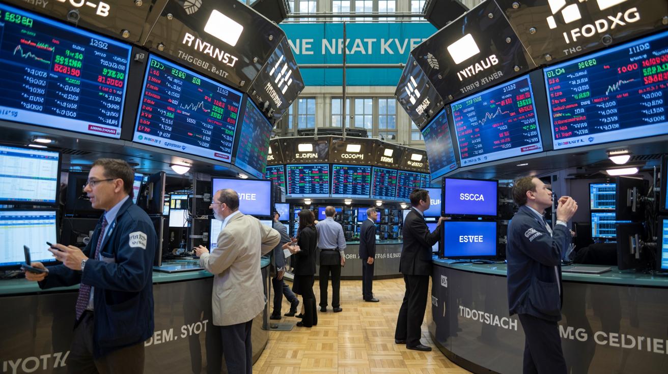 Illustration of stock market traders on the floor of the New York Stock Exchange amid political and economic discussions (AI-generated, non-realistic illustration). Credit: Ideogram.