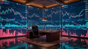 Illustration of institutional investors analyzing Bitcoin market trends amid economic uncertainty (AI-generated, non-realistic illustration). Credit: Ideogram.