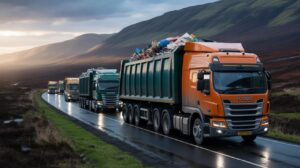 Illustration of Scotland exporting waste to England with trucks due to a landfill ban (AI-generated, non-realistic illustration). Credit: Ideogram.