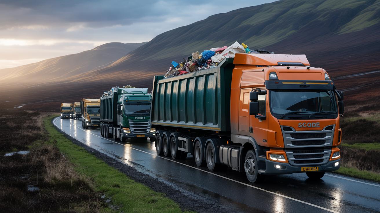 Illustration of Scotland exporting waste to England with trucks due to a landfill ban (AI-generated, non-realistic illustration). Credit: Ideogram.