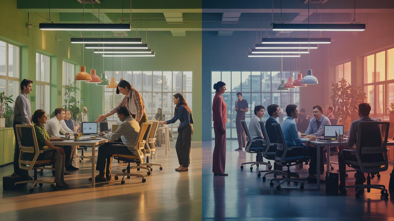 Illustration of the contrasting corporate cultures between Sweden and India, highlighting work-life balance and workplace dynamics (AI-generated, non-realistic illustration). Credit: Ideogram.