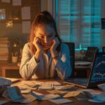 Illustration of a woman managing her finances amidst a backdrop of digital consumerism (AI-generated, non-realistic illustration). Credit: Ideogram.