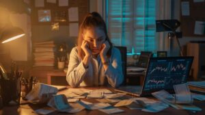 Illustration of a woman managing her finances amidst a backdrop of digital consumerism (AI-generated, non-realistic illustration). Credit: Ideogram.