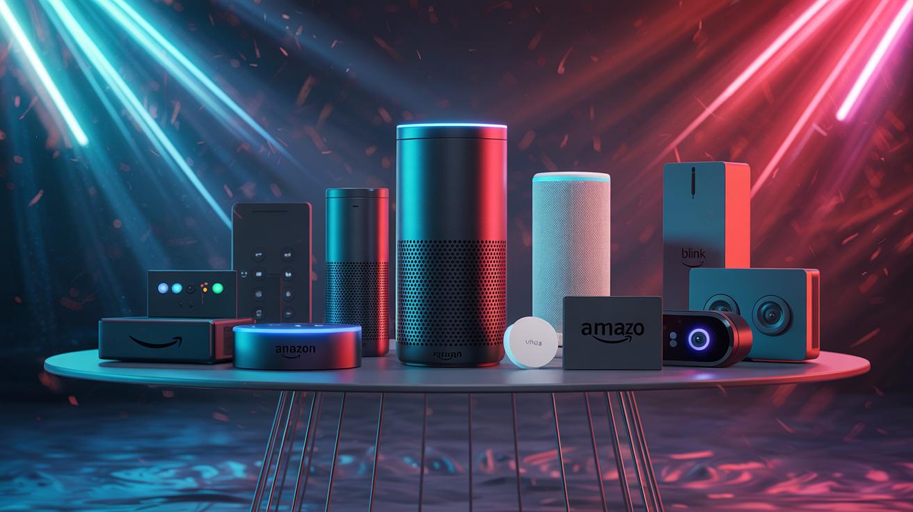 Illustration of discounted Amazon devices including Echo speakers, Fire TV sticks, and Blink cameras (AI-generated, non-realistic illustration). Credit: Ideogram.
