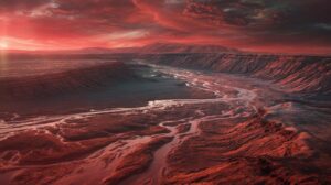 Illustration of ancient Martian riverbeds sprawling across the southern highlands, suggesting a water-rich past on Mars (AI-generated, non-realistic illustration). Credit: Ideogram.