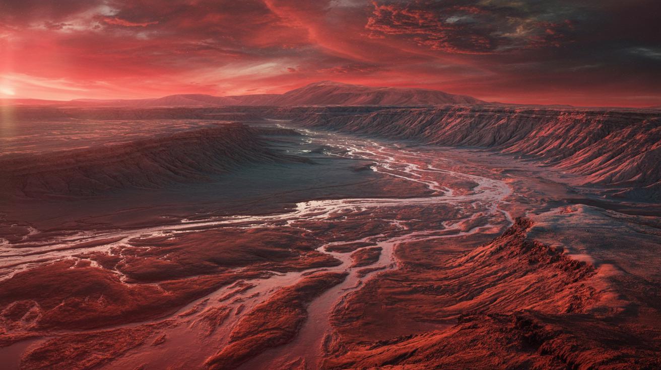 Illustration of ancient Martian riverbeds sprawling across the southern highlands, suggesting a water-rich past on Mars (AI-generated, non-realistic illustration). Credit: Ideogram.