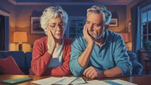 Illustration of retirees contemplating potential Social Security benefit cuts and economic uncertainty (AI-generated, non-realistic illustration). Credit: Ideogram.