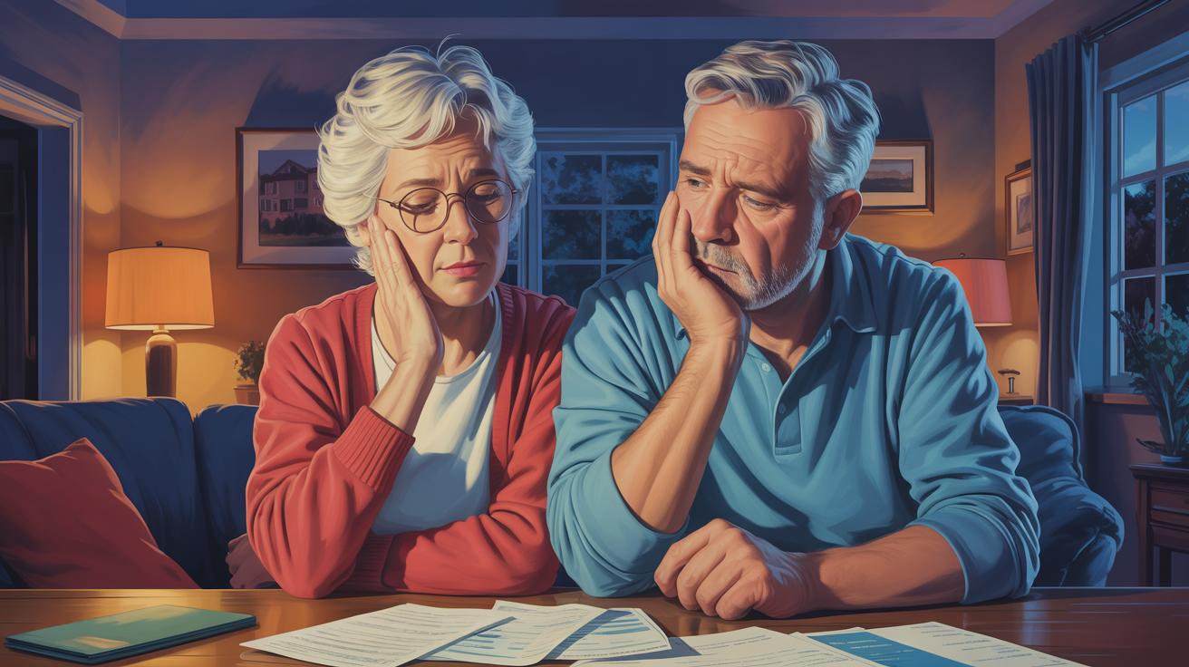 Illustration of retirees contemplating potential Social Security benefit cuts and economic uncertainty (AI-generated, non-realistic illustration). Credit: Ideogram.