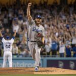 Illustration of Clayton Kershaw celebrating his 3,000th career strikeout amid a dramatic Dodgers victory (AI-generated, non-realistic illustration). Credit: Ideogram.