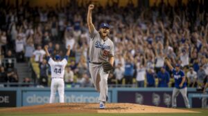 Illustration of Clayton Kershaw celebrating his 3,000th career strikeout amid a dramatic Dodgers victory (AI-generated, non-realistic illustration). Credit: Ideogram.