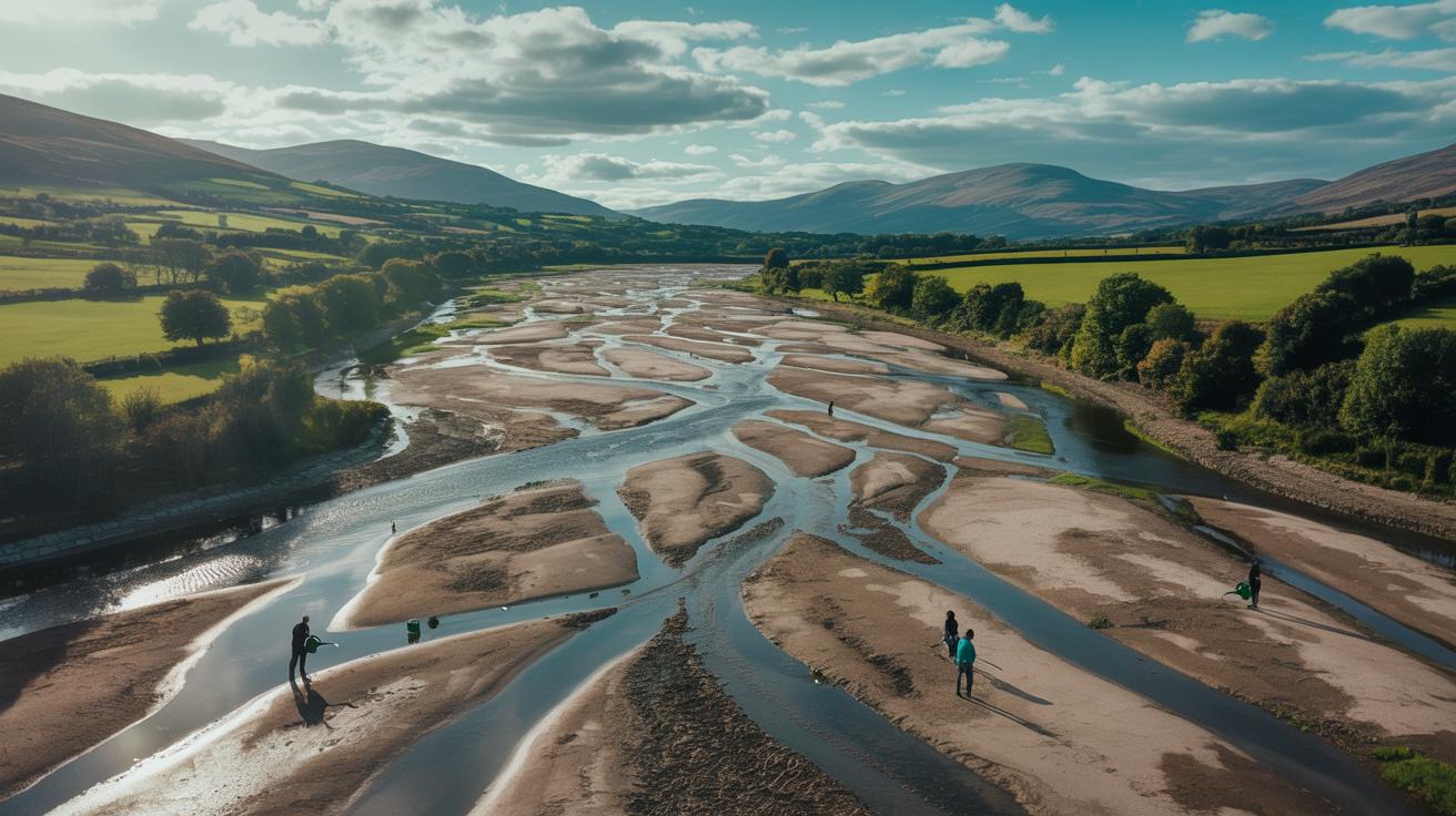 Illustration of Ireland's drought-affected catchment areas and water conservation efforts (AI-generated, non-realistic illustration). Credit: Ideogram.