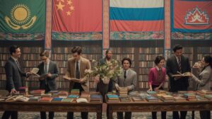 Illustration of the SCO National Bookshelf project expanding internationally with cultural exchanges (AI-generated, non-realistic illustration). Credit: Ideogram.