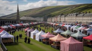 Illustration of the Isle of Man's Tynwald Day festivities, showcasing diverse cultures through food and music (AI-generated, non-realistic illustration). Credit: Ideogram.