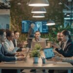 Illustration of a hybrid workplace environment showcasing intentional communication and leadership dynamics (AI-generated, non-realistic illustration). Credit: Ideogram.