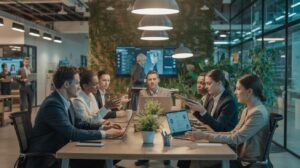 Illustration of a hybrid workplace environment showcasing intentional communication and leadership dynamics (AI-generated, non-realistic illustration). Credit: Ideogram.