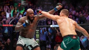 Illustration of Derrick Lewis celebrating his victory over Tallison Teixeira in the UFC Octagon (AI-generated, non-realistic illustration). Credit: Ideogram.