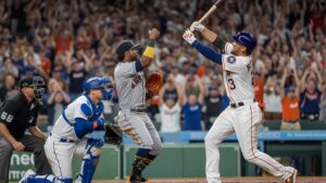 Illustration of the Houston Astros' dominant victory over the Los Angeles Dodgers in a historic 18-1 game (AI-generated, non-realistic illustration). Credit: Ideogram.