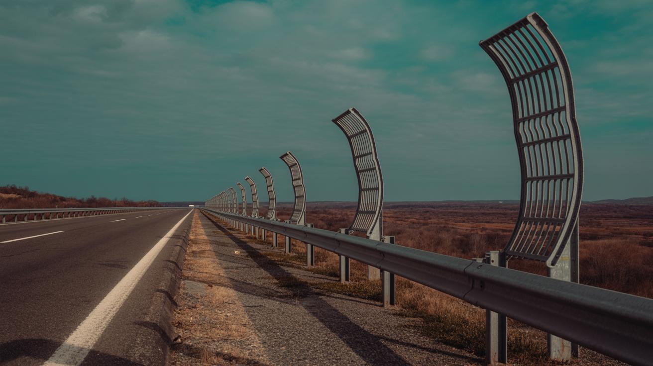 Illustration of the barren landscape and empty tree guards along the A14 bypass, highlighting the environmental impact (AI-generated, non-realistic illustration). Credit: Ideogram.