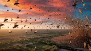 Illustration of billions of sterile flies being released over Texas and Mexico to combat screwworm flies (AI-generated, non-realistic illustration). Credit: Ideogram.