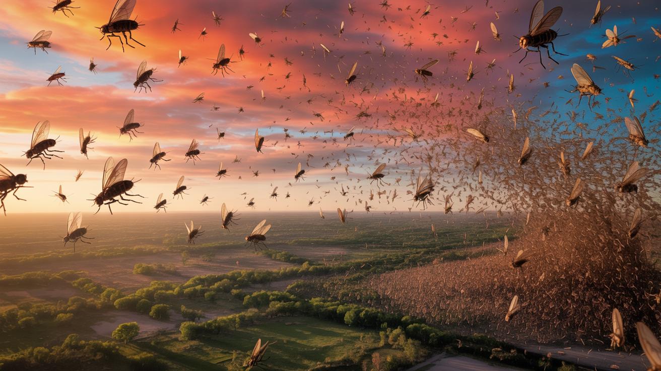 Illustration of billions of sterile flies being released over Texas and Mexico to combat screwworm flies (AI-generated, non-realistic illustration). Credit: Ideogram.