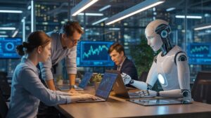 Illustration of Goldman Sachs integrating an autonomous software engineer into its workforce (AI-generated, non-realistic illustration). Credit: Ideogram.
