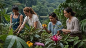 Illustration of women tending to rare plant species in the Gurukula Botanical Sanctuary (AI-generated, non-realistic illustration). Credit: Ideogram.