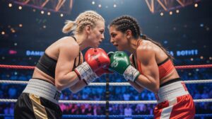 Illustration of Katie Taylor and Amanda Serrano boxing at Madison Square Garden in their epic trilogy finale (AI-generated, non-realistic illustration). Credit: Ideogram.