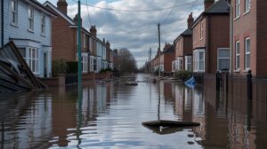 Illustration of the aftermath of severe flooding in Boston, Lincolnshire, showing damaged homes and disrupted lives (AI-generated, non-realistic illustration). Credit: Ideogram.