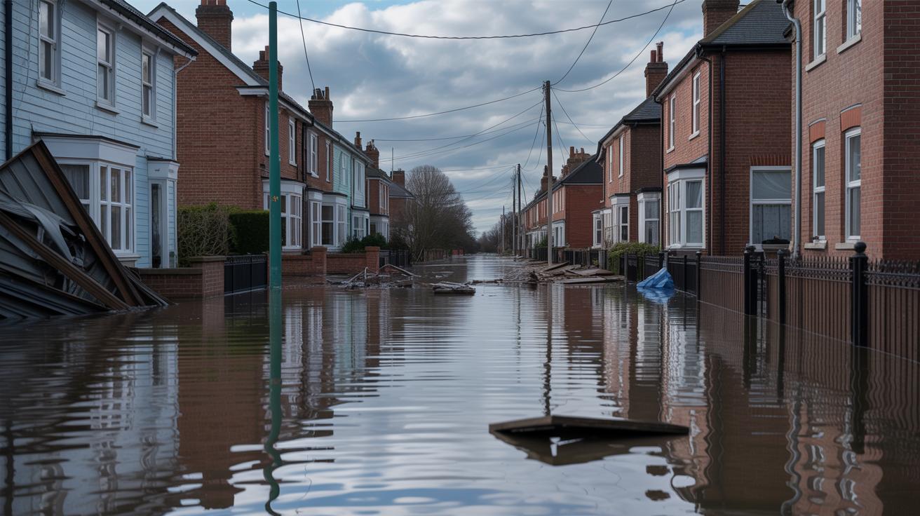 Illustration of the aftermath of severe flooding in Boston, Lincolnshire, showing damaged homes and disrupted lives (AI-generated, non-realistic illustration). Credit: Ideogram.