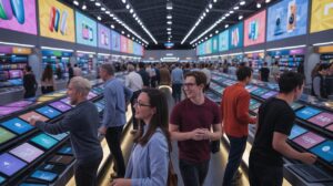 Illustration of a bustling Prime Day shopping scene with consumers eagerly browsing deals on electronics (AI-generated, non-realistic illustration). Credit: Ideogram.