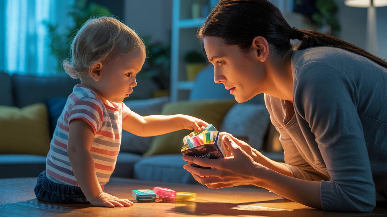 Illustration of a young child reaching for a container of nicotine pouches in a home setting (AI-generated, non-realistic illustration). Credit: Ideogram.