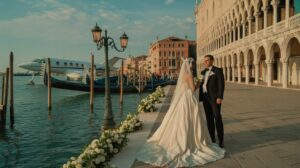 Illustration of Jeff Bezos and Lauren Sánchez's extravagant wedding in Venice, highlighting wealth disparity (AI-generated, non-realistic illustration). Credit: Ideogram.