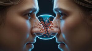 Illustration of a molecular shield intercepting allergens in the nasal passages (AI-generated, non-realistic illustration). Credit: Ideogram.