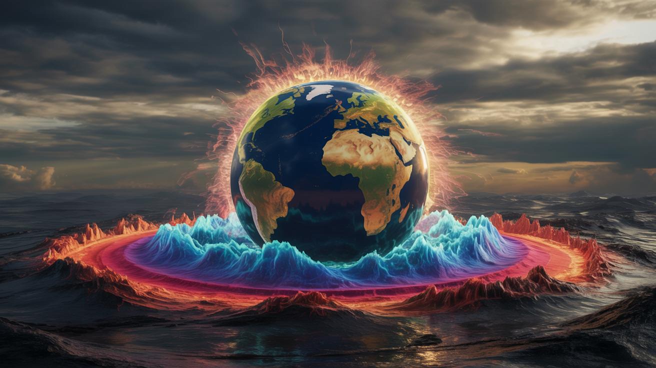 Illustration of global seismic activity and energy release from numerous earthquakes (AI-generated, non-realistic illustration). Credit: Ideogram.