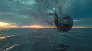 Illustration of a space capsule carrying human ashes and cannabis seeds crashing into the ocean (AI-generated, non-realistic illustration). Credit: Ideogram.
