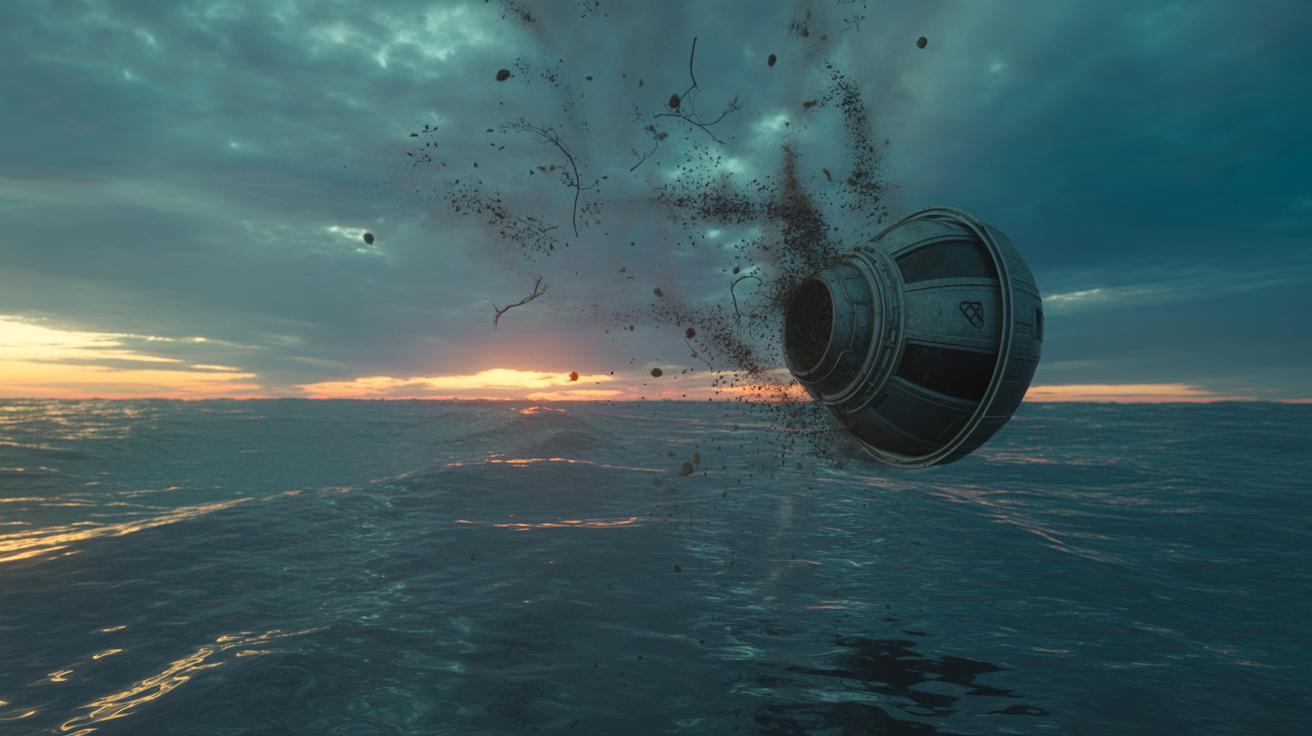 Illustration of a space capsule carrying human ashes and cannabis seeds crashing into the ocean (AI-generated, non-realistic illustration). Credit: Ideogram.