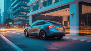 Illustration of Tesla's Model Y showroom in Mumbai highlighting its entry into the Indian luxury EV market (AI-generated, non-realistic illustration). Credit: Ideogram.