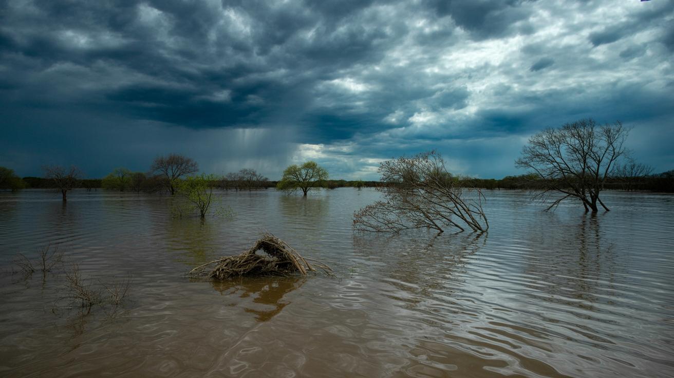 Illustration of the devastating floods in Texas highlighting the impact of climate change and political decisions (AI-generated, non-realistic illustration). Credit: Ideogram.