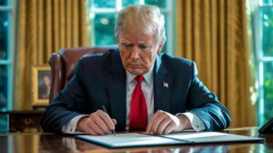 Illustration of President Trump signing a bill in the Oval Office (AI-generated, non-realistic illustration). Credit: Ideogram.