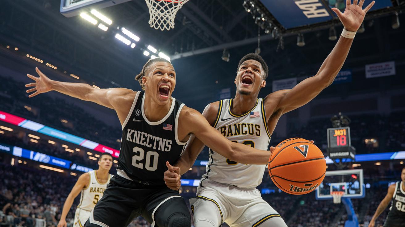 Illustration of a thrilling basketball comeback featuring Dalton Knecht and Darius Bazley leading the Lakers to victory (AI-generated, non-realistic illustration). Credit: Ideogram.