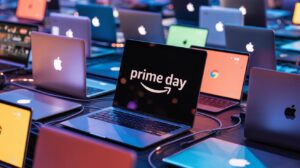 Illustration of a bustling Amazon Prime Day sale with discounted laptops, including MacBooks, Windows machines, and Chromebooks (AI-generated, non-realistic illustration). Credit: Ideogram.