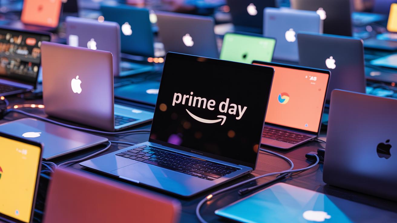 Illustration of a bustling Amazon Prime Day sale with discounted laptops, including MacBooks, Windows machines, and Chromebooks (AI-generated, non-realistic illustration). Credit: Ideogram.