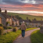 Illustration of an American retiree exploring the scenic landscapes of the U.K. while considering relocation challenges (AI-generated, non-realistic illustration). Credit: Ideogram.